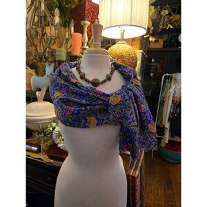 Pretty Floral Blue Scarf With Mini Fringe